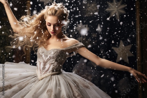 Snowfall Extravaganza: The Sugar Plum Fairy twirls gracefully as snowflakes fall gently around her, creating a magical snowfall scene.