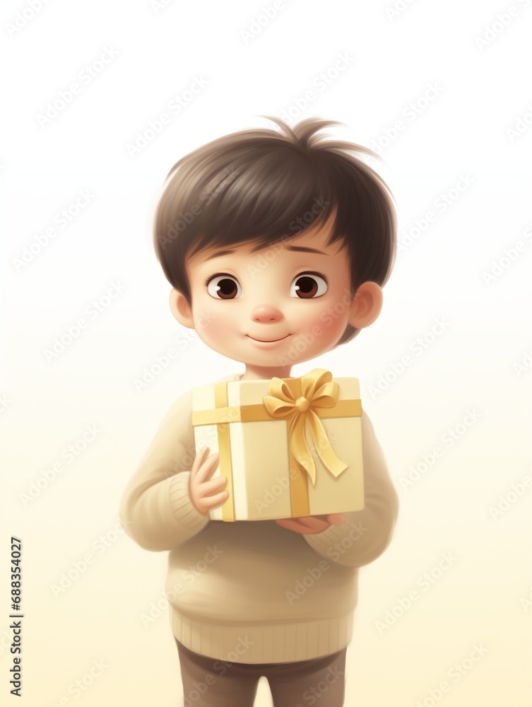 Cute watercolor drawing of a little boy with gift box, smiling adorable child offering a present, lovely friend, son or brother in brown and white colors, soft and warm, tender face and eyes Cute watercolor drawing of a little boy with gift box, smiling adorable child offering a present, lovely friend, son or brother in brown and white colors, soft and warm, tender face and eyes