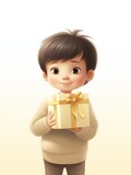 Cute watercolor drawing of a little boy with gift box, smiling adorable child offering a present, lovely friend, son or brother in brown and white colors, soft and warm, tender face and eyes