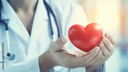 Doctor holding a red heart at hospital office. Medical health care and Health insurance or love concept