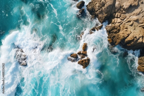 Aerial view of the ocean with rocks in the foreground. Generative AI. © Dusit