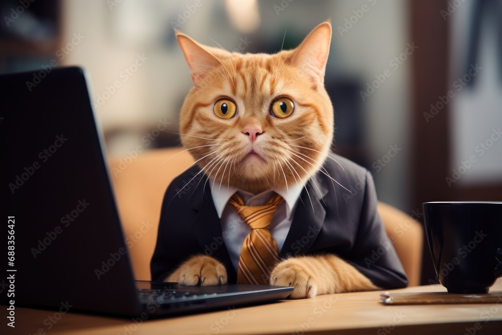 Ginger cat wearing a business suit and typing on a laptop at a desk. Generative AI. Ginger cat wearing a business suit and typing on a laptop at a desk. Generative AI.
