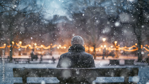 lonely old man on a bench in the city winter park, Christmas Eve snowfall, New Year's background photo