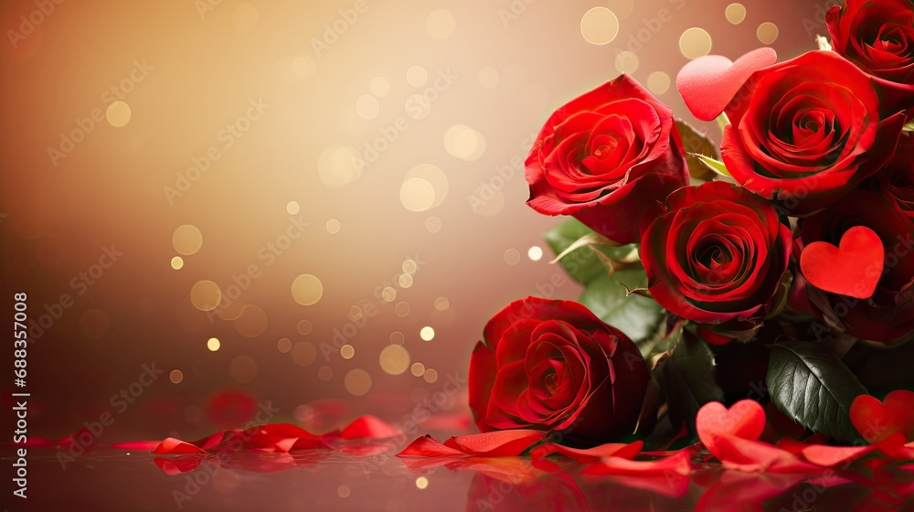 red roses and heart on the table, bokeh background - obrazy, fototapety, plakaty 