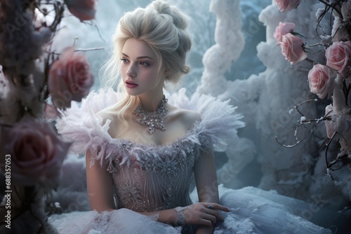 Frozen Rose Garden: Showcase the fairy dancing in a garden of frozen roses, emphasizing the contrast between the delicate flowers and the icy surroundings.