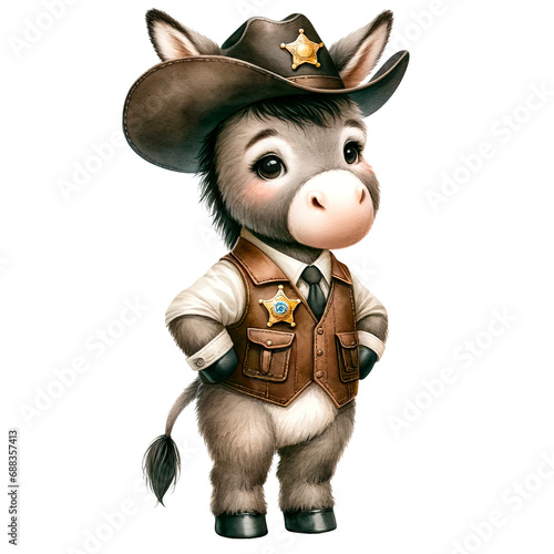 farm animal clipart, a  cute donkey with a deputy's badge on his brown leather vest and a cowboy hat