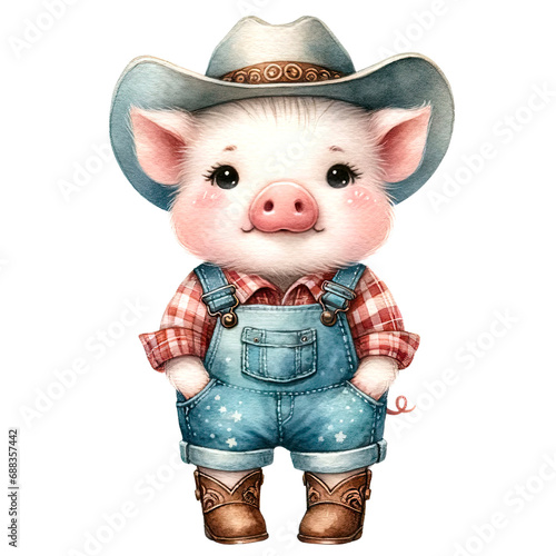 farm animal clipart  - a very cute pig dressed in denim and a plaid shirt, and tiny cowboy boots