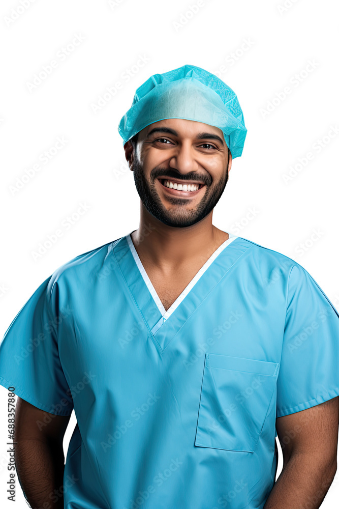 Friendly male surgeon doctor dressed in blue surgical gown standing in a pose, isolated on a transparent background Friendly male surgeon doctor dressed in blue surgical gown standing in a pose, isolated on a transparent background
