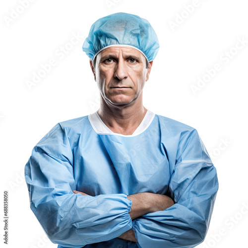 professional male surgeon doctor dressed in blue surgical gown standing in a pose, isolated on a transparent background