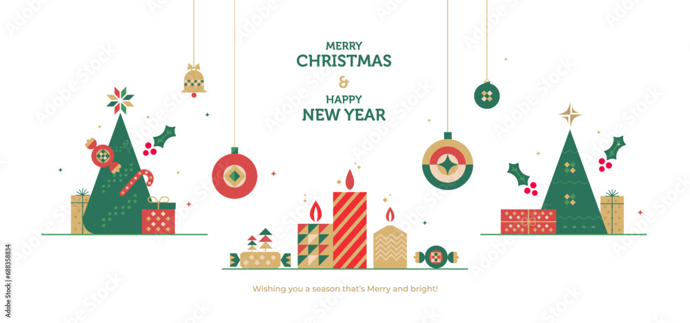 New Year and Christmas greeting card design in geometric style. Vector illustrations for holiday decoration graphic with christmas tree, candy, gift.