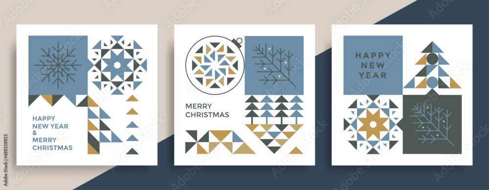 Merry Christmas and Happy New Year greeting card. Christmas tree and balls with a pattern of triangles. Colorful geometric Xmas invite.