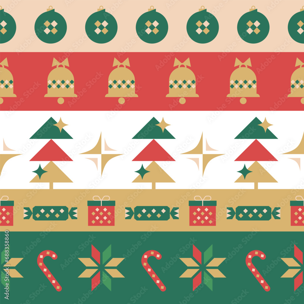Christmas geometric seamless pattern with holiday decoration. Vector