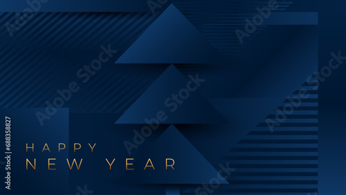 Happy New Year greeting card with Christmas tree. Modern Xmas holiday blue background with geometric decoration. Vector illustration