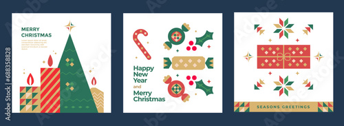 New Year and Christmas greeting card design. Vector illustrations for holiday post graphic with christmas tree, candy, gift.