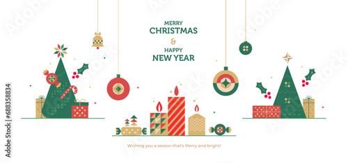 New Year and Christmas greeting card design in geometric style. Vector illustrations for holiday decoration graphic with christmas tree, candy, gift.