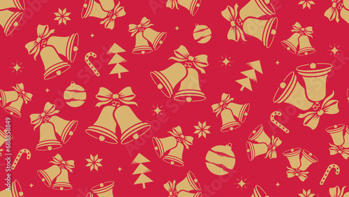 Christmas seamless pattern decorations with christmas tree, bells and balls. Vector illustration gold and red colors