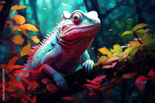 painting style landscape background, a chameleon in the forest © Yoshimura