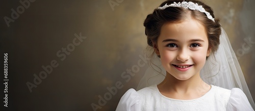 Young girl in white dress smiling during First Communion