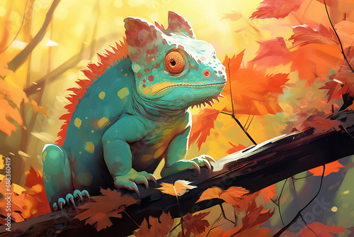 painting style landscape background  a chameleon in the forest