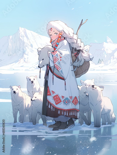 Innuit woman with polar bears anime manga photo
