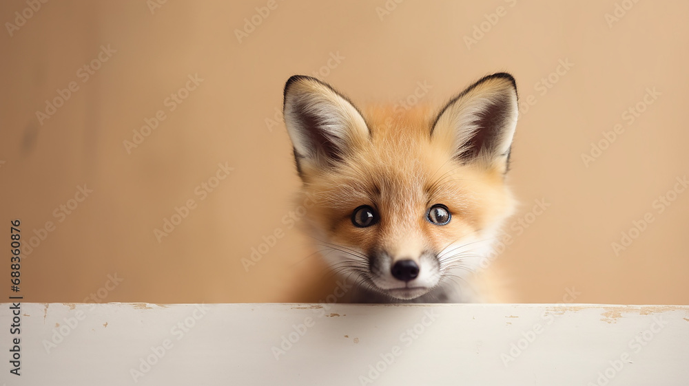 fox peeks out, on a smooth background in the studio