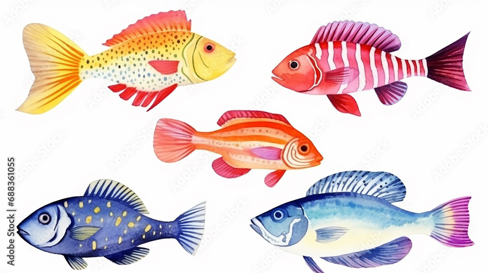 Fototapeta premium sea fish, collection, set, watercolor illustration isolated on a white background multicolored sea fish