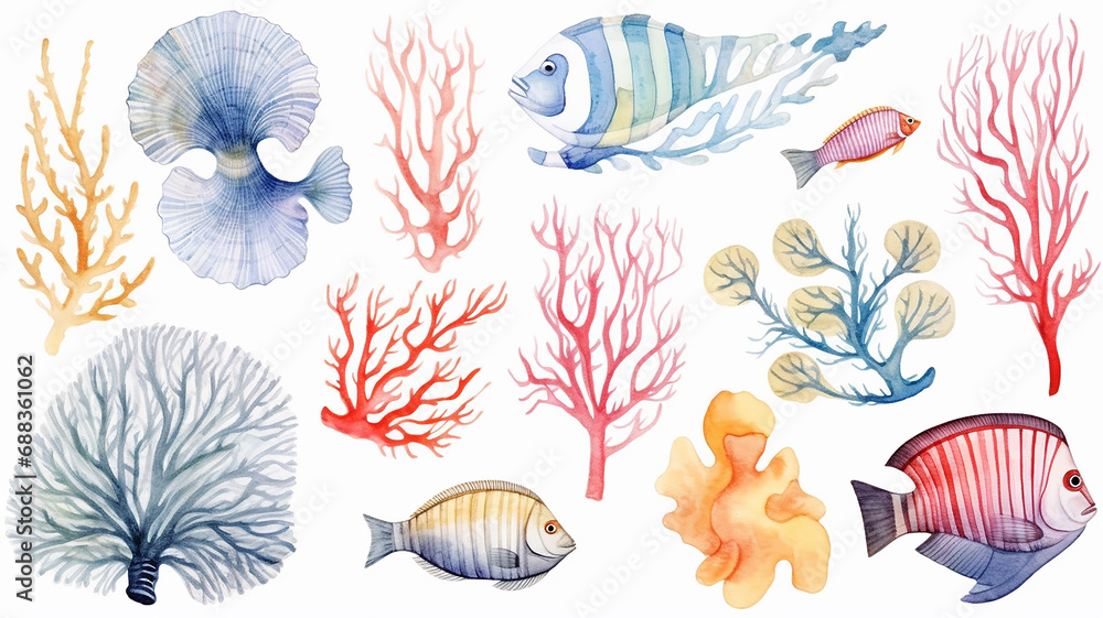 Fototapeta premium watercolor illustration collection underwater world of fish and corals isolated on a white background