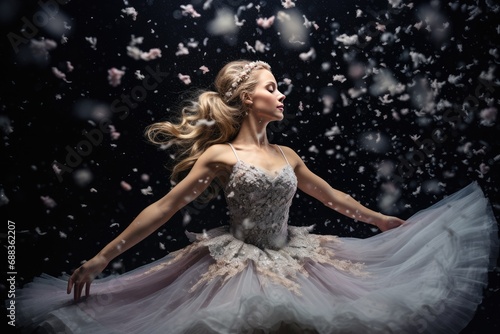 Snowfall Extravaganza: The Sugar Plum Fairy twirls gracefully as snowflakes fall gently around her, creating a magical snowfall scene.