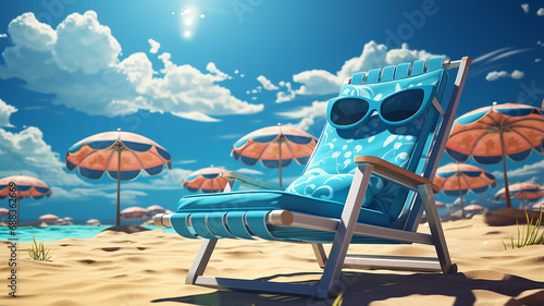 animated funny character, a chaise longue on the beach, with a smile, the concept of a summer children's holiday at the sea photo
