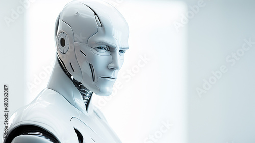 male robot cyborg on a white background, man portrait head, fictional abstract character