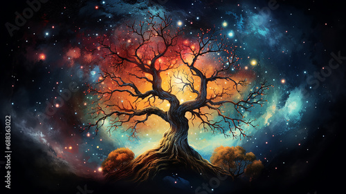 fairytale illustration of the tree of life of the universe, the image of a large old tree against the background of space and the dark sky among the stars and galaxies