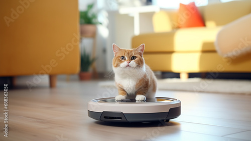 cute cat playing with a robot vacuum cleaner in the interior of the apartment