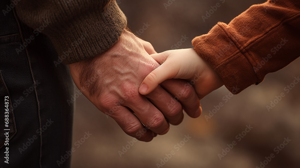 The father holds the child's hand, the concept of caring for the family is older and younger