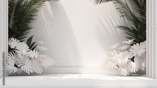 Podium stage pedestal Three Serene Potted Plants Enhancing the Beauty of Three Arched Windows