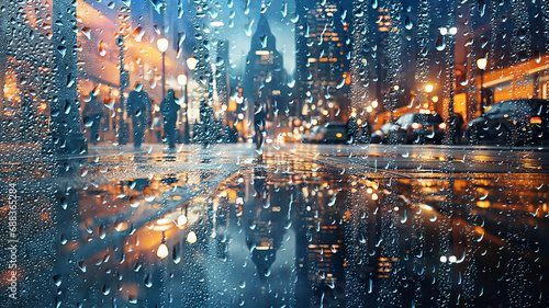 raindrops on a wet window pane a view of a blurred panorama of the city in night lights glare and bokeh