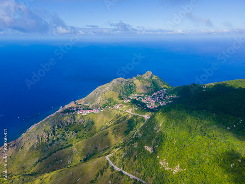 The Bottom historic town center aerial view from town of Windwardside in Saba, Caribbean Netherlands. 