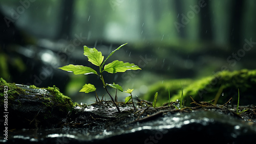 green forest, dew drops and wet rain on young leaves and shoots in the depths of the green forest of the wild
