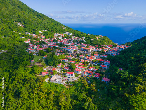 Windwardside historic town center aerial view in Saba, Caribbean Netherlands.  photo