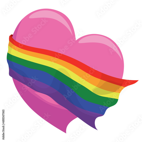Pink heart floating with rainbow flag in cartoon style, Vector illustration