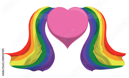 Pink heart decorated with two rainbow flags on the sides, Vector illustration