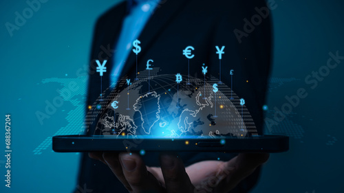 Currency Exchange Concepts and Interbank Payments.Businessman use laptop to money transfer global business FinTech Finance Technology Online Banking,