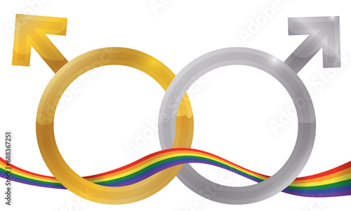Tangled male symbols with rainbow ribbon for Pride, Vector illustration.