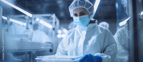 Young employee in sterile uniform checking food products in warehouse.