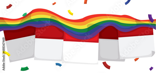 Waving rainbow flag on calendar pages and festive confetti, Vector illustration