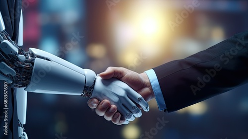 3D rendering humanoid robot handshake to collaborate photo