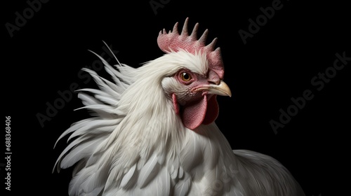 A chicken with white feathers