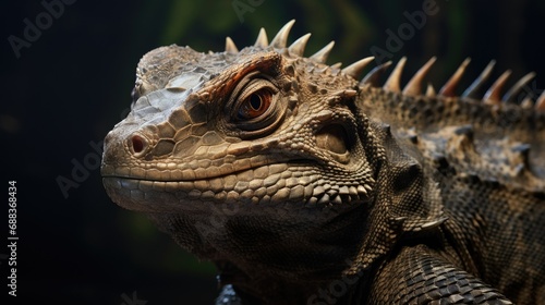 A close-up detail of a reptile on a dark background