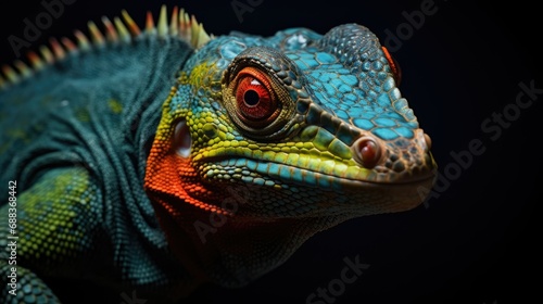 A close-up detail of a reptile on a dark background