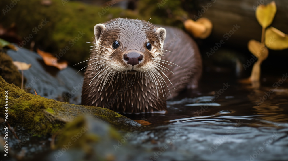 Otter emerging from the riverbed. Generative AI. Otter emerging from the riverbed. Generative AI.