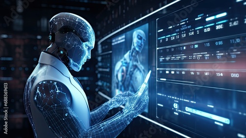 AI humanoid robot holding a virtual hologram screen photo